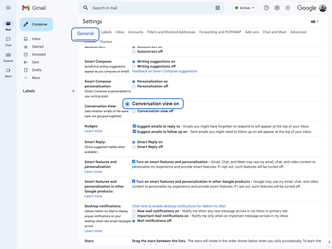 Gmail web app conversation view setting